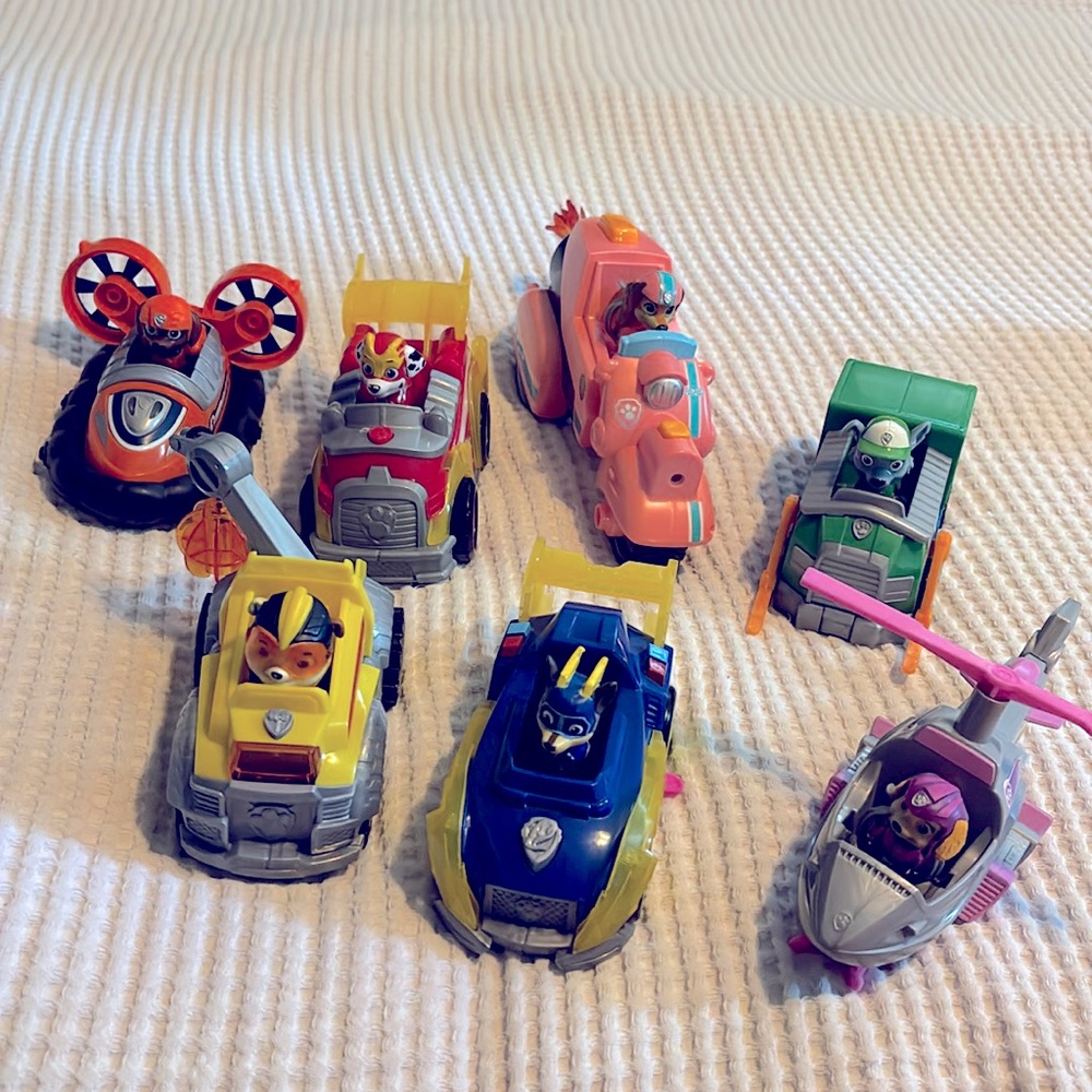 7 Paw Patrol pups and vehicles